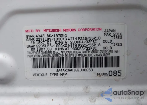 2016 Mitsubishi Outlander Sport 2.0 Es z USA, uszkodzony, nr VIN JA4AR3AU1GZ038253